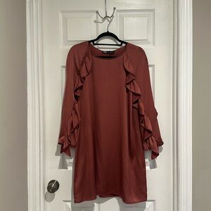 NWT Zara Dusty Rose Ruffle Sleeve Shift Dress Flowy Long Sleeve